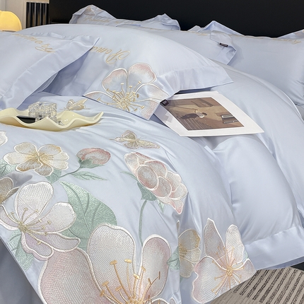 2025春夏A类100支长绒棉四件套纯棉全棉轻奢风床单被套重工刺绣床上用品-花漫屿 花漫屿-慕蓝