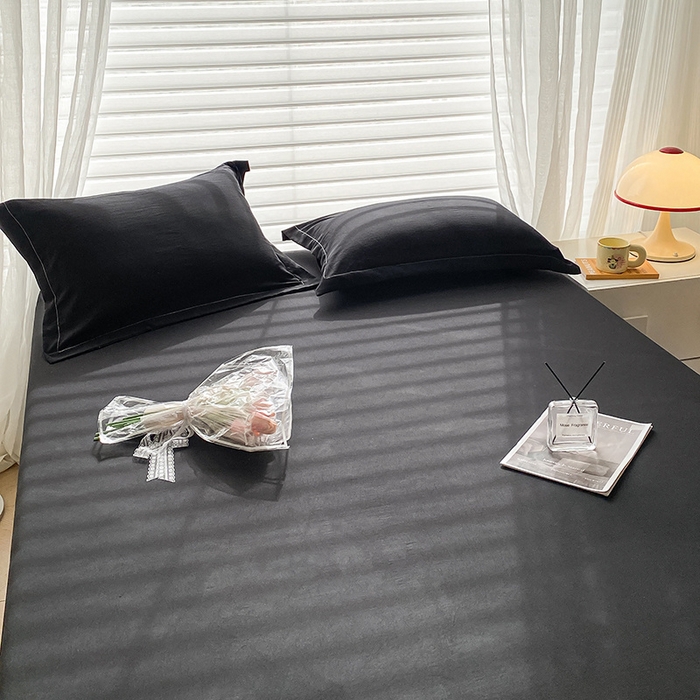 91家纺网 家纺一手货源 找家纺 恬澳家纺 2025新款森系水洗棉无印风单床笠 森系-墨黑