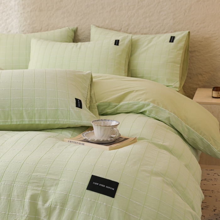 91家纺网 家纺一手货源 找家纺 呗旺鹿 2025新款静奢风-锦绣系列全棉色织提花小方格四件套 锦绣茉香奶绿