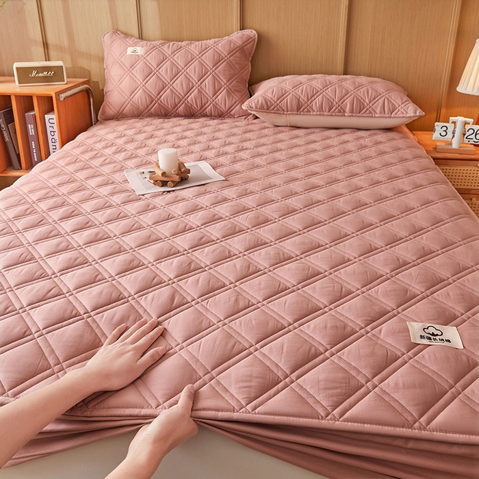 91家纺网 家纺一手货源 找家纺 笠客家纺 2025新款全棉水洗棉夹棉床笠-棉格款 棉格-豆沙