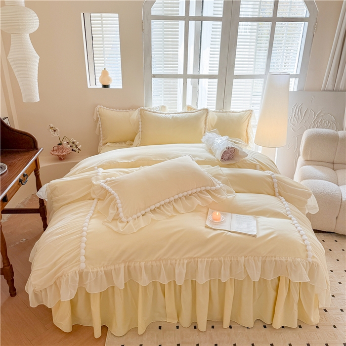 91家纺网 家纺一手货源 找家纺 富盛家纺 2025新款水洗亲肤棉床裙款四件套公主风四件套 仙仙子—黄