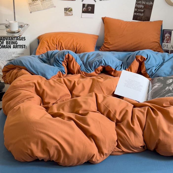 91家纺网 家纺一手货源 找家纺 梦卓家纺 2025爆款ins风超柔褶皱亲肤磨毛水洗棉四件套 艾玛橙＋爵士蓝