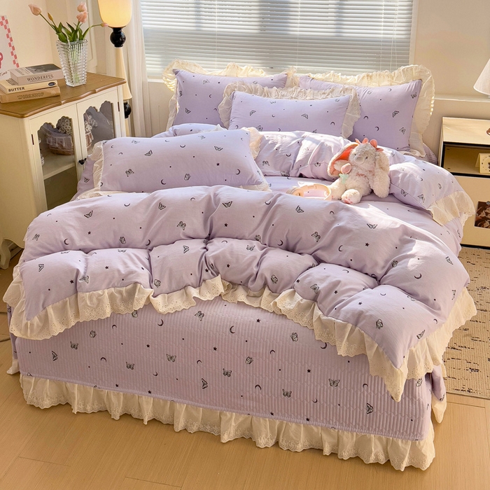 91家纺网 家纺一手货源 找家纺 （总）富米莱（原臻工厂） 2025新款A类针织双层纱花边款四件套床盖四件套