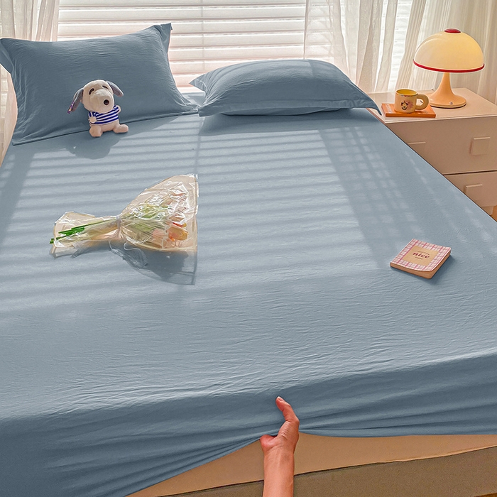 91家纺网 家纺一手货源 找家纺 恬澳家纺 2025新款森系水洗棉无印风单床笠 森系-雾蓝