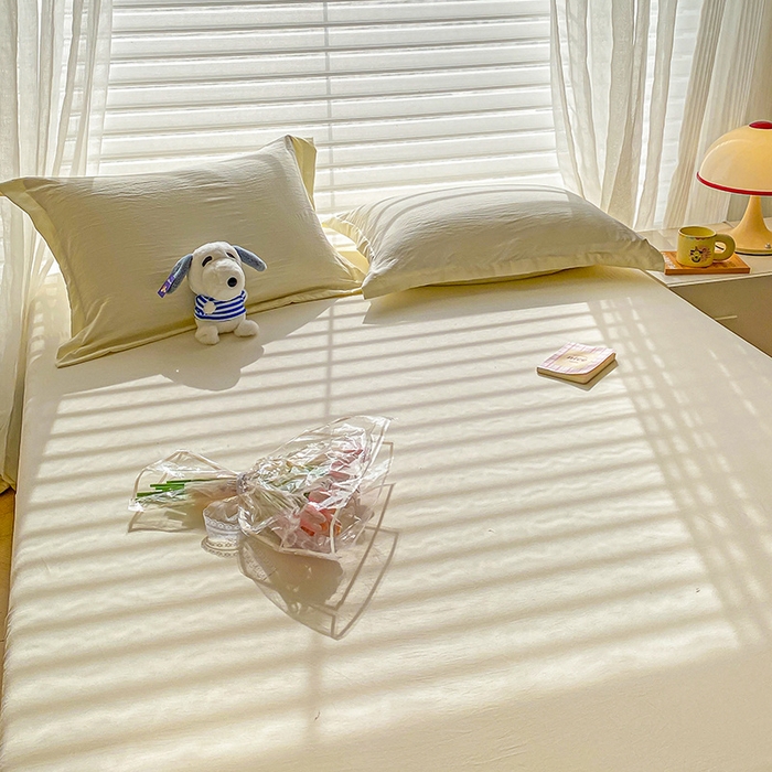 91家纺网 家纺一手货源 找家纺 恬澳家纺 2025新款森系水洗棉无印风单床笠 森系-奶白