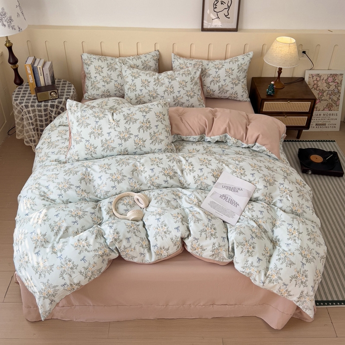 91家纺网 家纺一手货源 找家纺 金梦拉家纺 2025爆款新款A类加厚有氧针织棉双层纱四件套（吊边版）浅海繁星