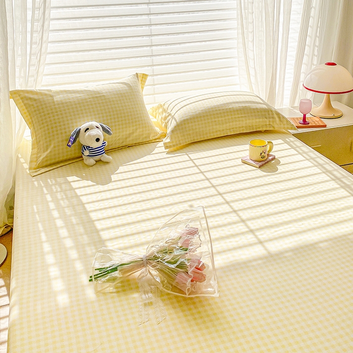 91家纺网 家纺一手货源 找家纺 恬澳家纺 2025新款森系水洗棉无印风单床笠 森系-黄格