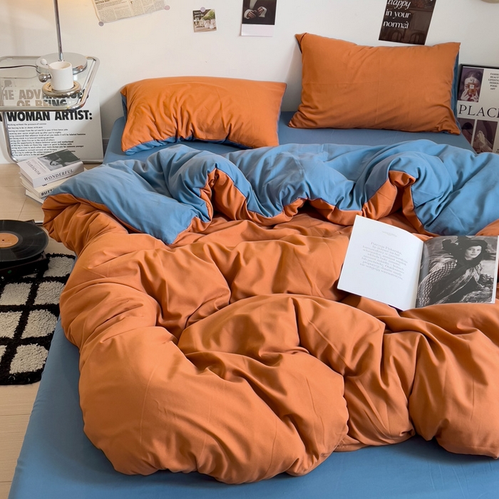 91家纺网 家纺一手货源 找家纺 梦卓家纺 2025爆款ins风超柔褶皱亲肤磨毛水洗棉四件套 艾玛橙＋爵士蓝