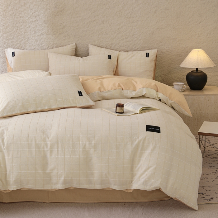 91家纺网 家纺一手货源 找家纺 呗旺鹿 2025新款静奢风-锦绣系列全棉色织提花小方格四件套 锦绣桃花暖阳