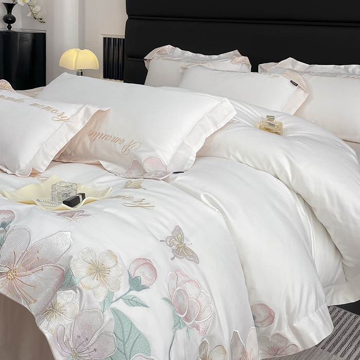 91家纺网 家纺一手货源 找家纺 2025春夏A类100支长绒棉四件套纯棉全棉轻奢风床单被套重工刺绣床上用品-花漫屿 花漫屿-白粉