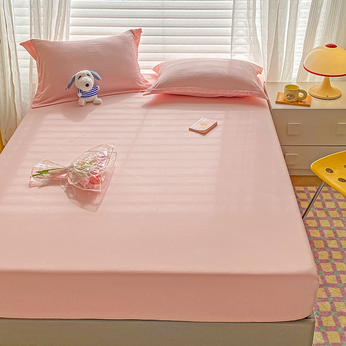 91家纺网 家纺一手货源 找家纺 恬澳家纺 2025新款森系水洗棉无印风单床笠 森系-胭脂粉