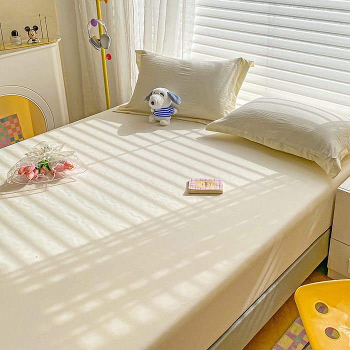 91家纺网 家纺一手货源 找家纺 恬澳家纺 2025新款森系水洗棉无印风单床笠 森系-奶白