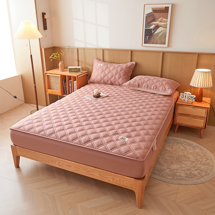 91家纺网 家纺一手货源 找家纺 笠客家纺 2025新款全棉水洗棉夹棉床笠-棉格款 棉格-豆沙