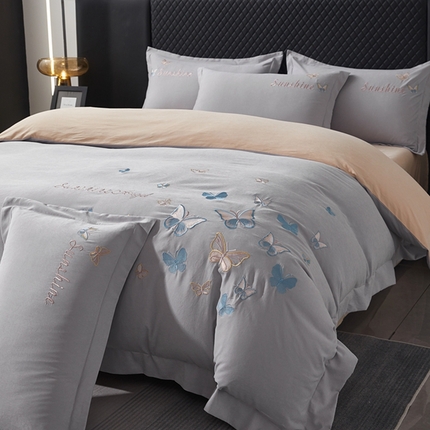 91家纺网 家纺一手货源 找家纺 （总）莱越家纺 2025新款轻奢刺绣蝴蝶牛奶蛋白棉四件套高档纯色亲肤棉双拼床单被套床笠式