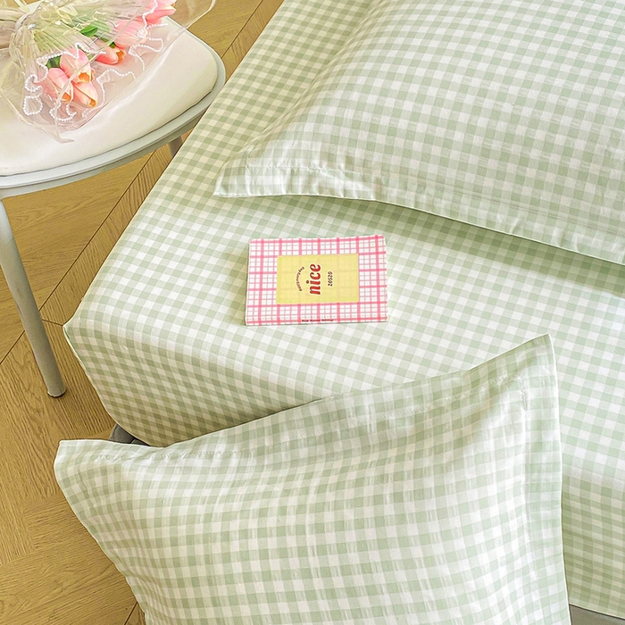 91家纺网 家纺一手货源 找家纺 恬澳家纺 2025新款森系水洗棉无印风单床笠 森系-绿格