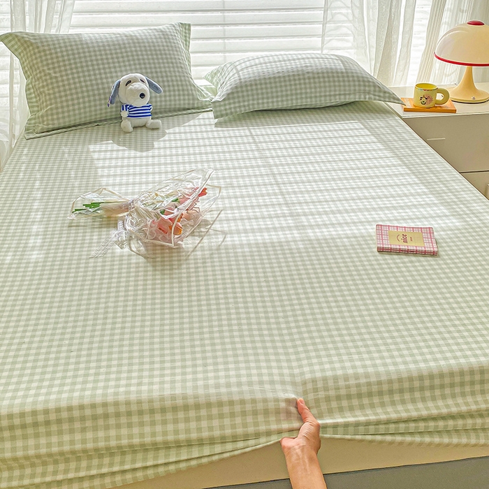 91家纺网 家纺一手货源 找家纺 恬澳家纺 2025新款森系水洗棉无印风单床笠 森系-绿格