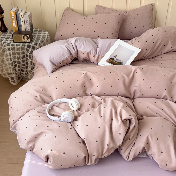 91家纺网 家纺一手货源 找家纺 金梦拉家纺 2025爆款新款A类加厚有氧针织棉双层纱四件套（吊边版）波点