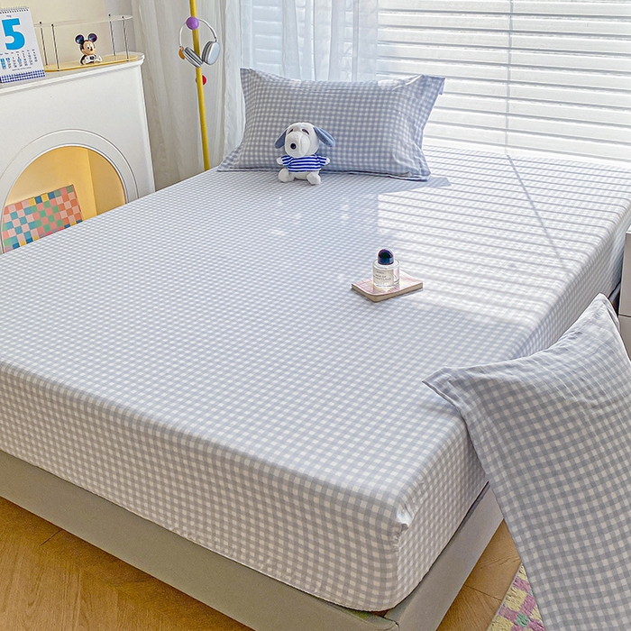 91家纺网 家纺一手货源 找家纺 恬澳家纺 2025新款森系水洗棉无印风单床笠 森系-蓝格