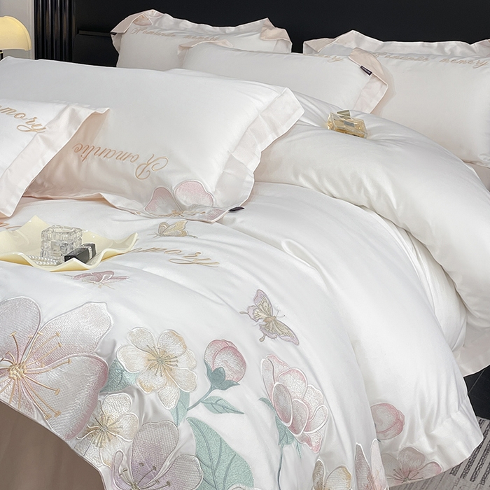 91家纺网 家纺一手货源 找家纺 2025春夏A类100支长绒棉四件套纯棉全棉轻奢风床单被套重工刺绣床上用品-花漫屿 花漫屿-白粉