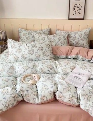 91家纺网 家纺一手货源 找家纺 金梦拉家纺 2025爆款新款A类加厚有氧针织棉双层纱四件套（吊边版）浅海繁星