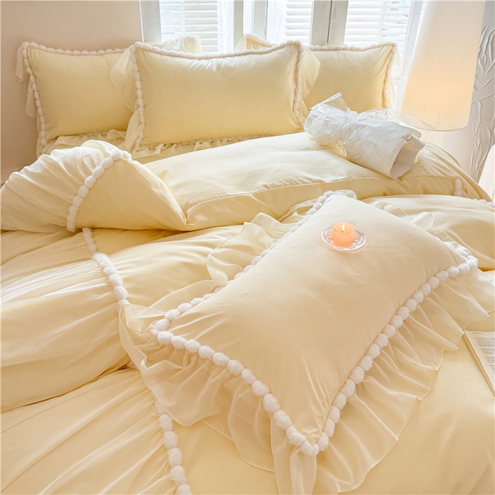 91家纺网 家纺一手货源 找家纺 富盛家纺 2025新款水洗亲肤棉床裙款四件套公主风四件套 仙仙子—黄