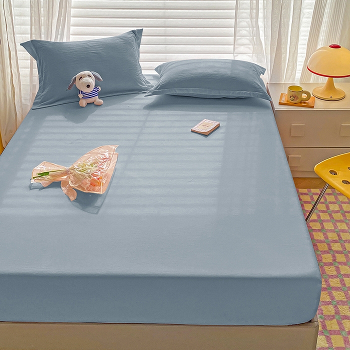 91家纺网 家纺一手货源 找家纺 恬澳家纺 2025新款森系水洗棉无印风单床笠 森系-雾蓝