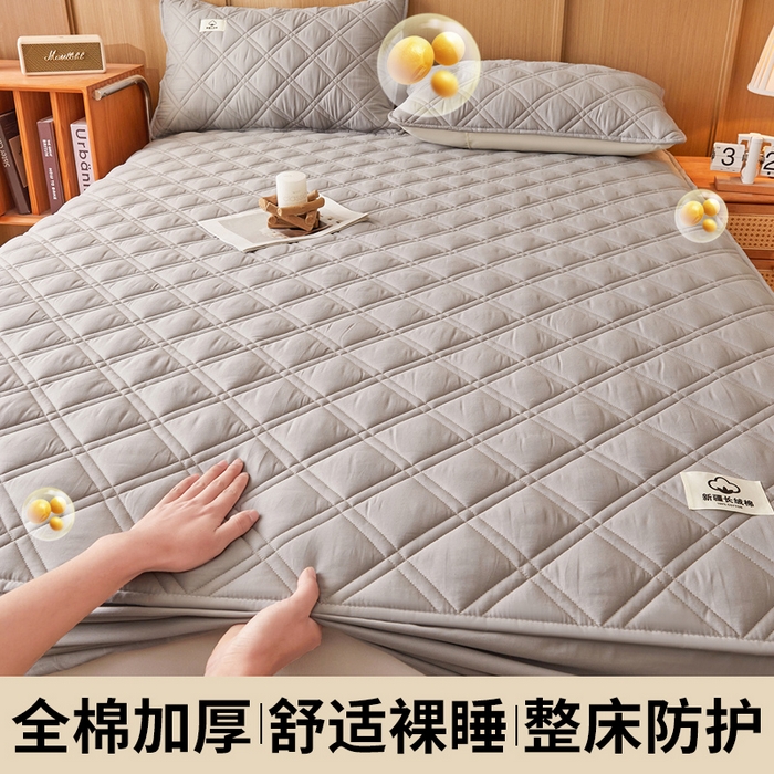 91家纺网 家纺一手货源 找家纺 笠客家纺 2025新款全棉水洗棉夹棉床笠-棉格款 棉格-烟灰