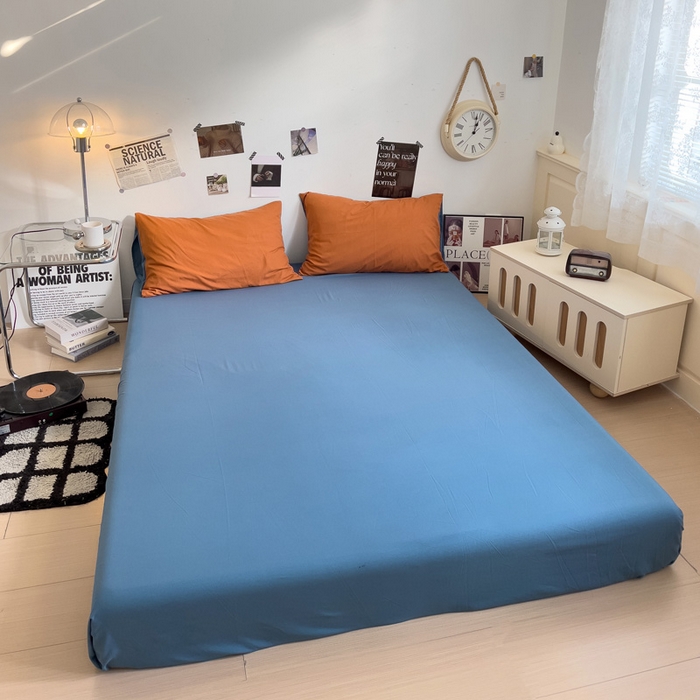 91家纺网 家纺一手货源 找家纺 梦卓家纺 2025爆款ins风超柔褶皱亲肤磨毛水洗棉四件套 艾玛橙＋爵士蓝