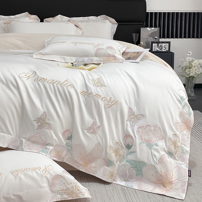 91家纺网 家纺一手货源 找家纺 2025春夏A类100支长绒棉四件套纯棉全棉轻奢风床单被套重工刺绣床上用品-花漫屿 花漫屿-白粉