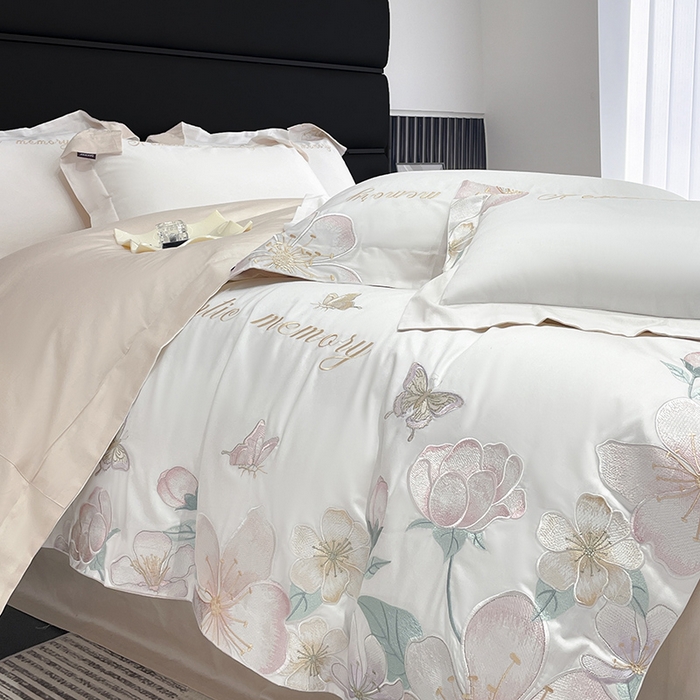 91家纺网 家纺一手货源 找家纺 2025春夏A类100支长绒棉四件套纯棉全棉轻奢风床单被套重工刺绣床上用品-花漫屿 花漫屿-白粉