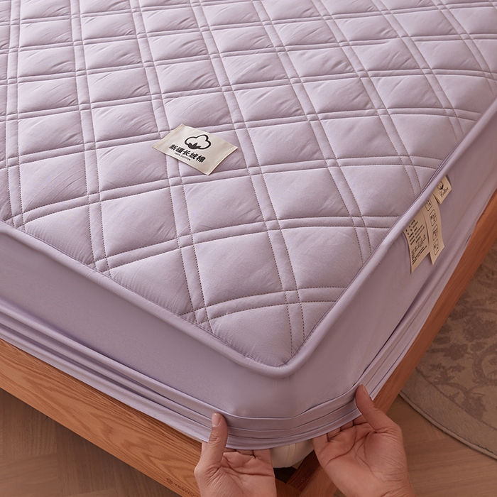 91家纺网 家纺一手货源 找家纺 笠客家纺 2025新款全棉水洗棉夹棉床笠-棉格款 棉格-玫瑰紫