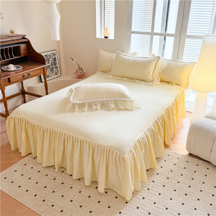 91家纺网 家纺一手货源 找家纺 富盛家纺 2025新款水洗亲肤棉床裙款四件套公主风四件套 仙仙子—黄