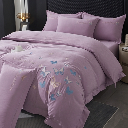 91家纺网 家纺一手货源 找家纺 （总）莱越家纺 2025新款轻奢刺绣蝴蝶牛奶蛋白棉四件套高档纯色亲肤棉双拼床单被套床笠式