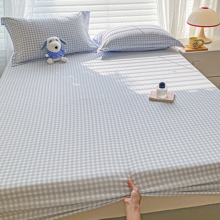 91家纺网 家纺一手货源 找家纺 恬澳家纺 2025新款森系水洗棉无印风单床笠 森系-蓝格