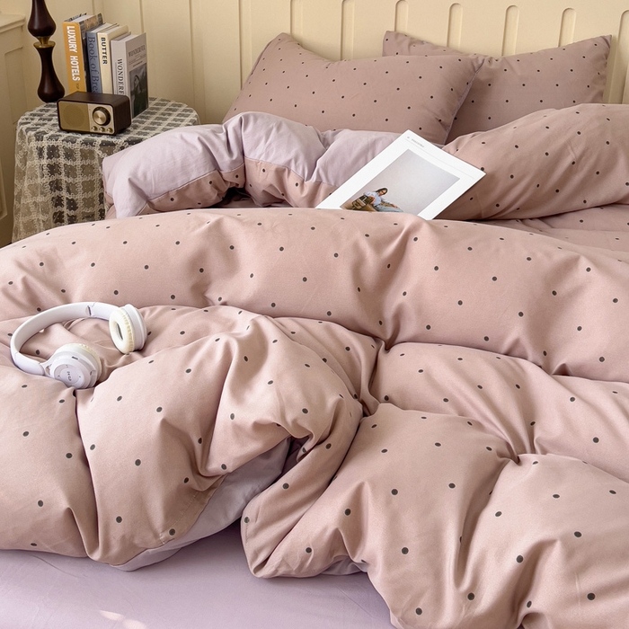 91家纺网 家纺一手货源 找家纺 金梦拉家纺 2025爆款新款A类加厚有氧针织棉双层纱四件套（吊边版）波点