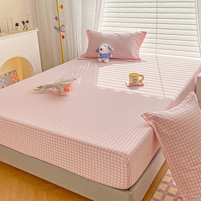 91家纺网 家纺一手货源 找家纺 恬澳家纺 2025新款森系水洗棉无印风单床笠 森系-粉格