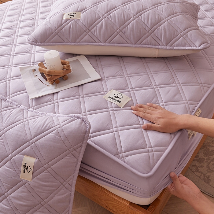 91家纺网 家纺一手货源 找家纺 笠客家纺 2025新款全棉水洗棉夹棉床笠-棉格款 棉格-玫瑰紫