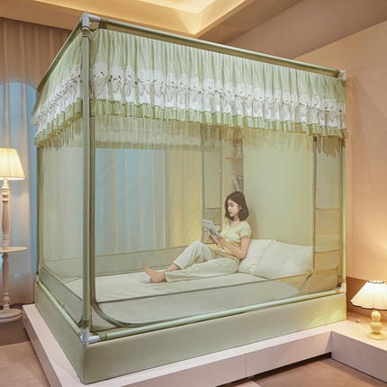 雪姿家纺 2025新款U型绣花边床笠回底款多功能双向储物袋三开门外穿坐床蚊帐 依恋-抹茶绿