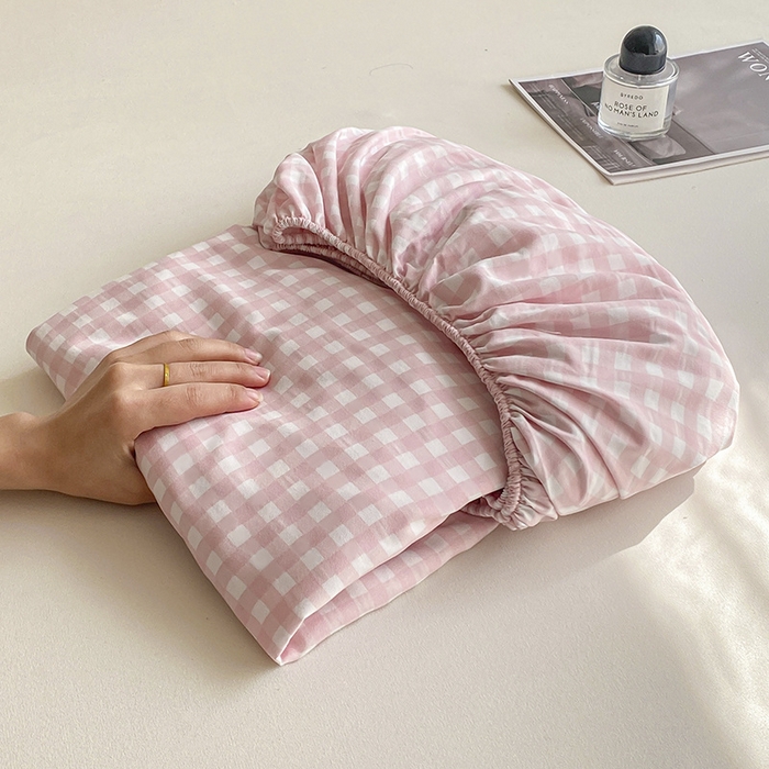 91家纺网 家纺一手货源 找家纺 恬澳家纺 2025新款森系水洗棉无印风单床笠 森系-粉格