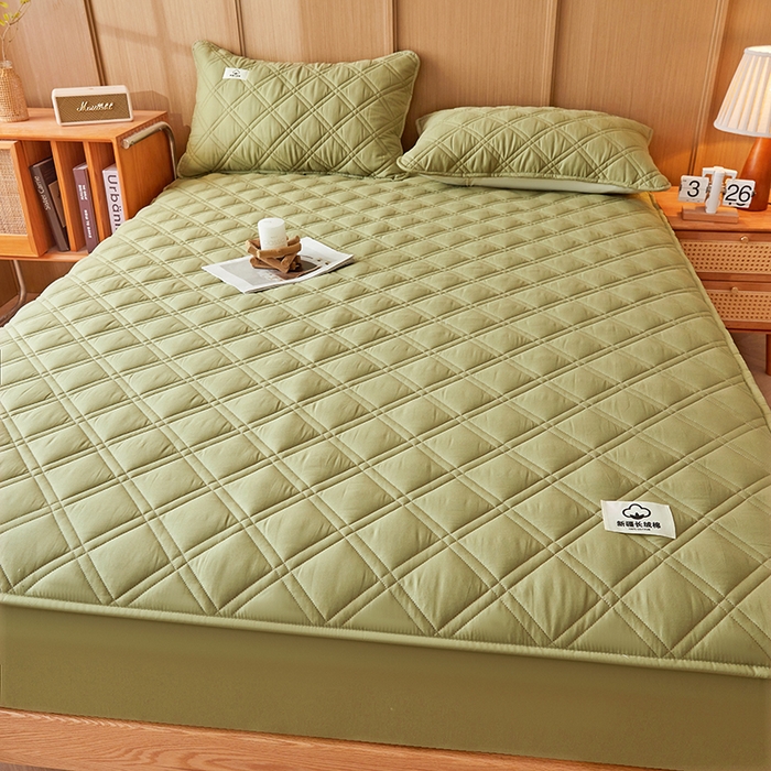 91家纺网 家纺一手货源 找家纺 笠客家纺 2025新款全棉水洗棉夹棉床笠-棉格款 棉格-浅绿