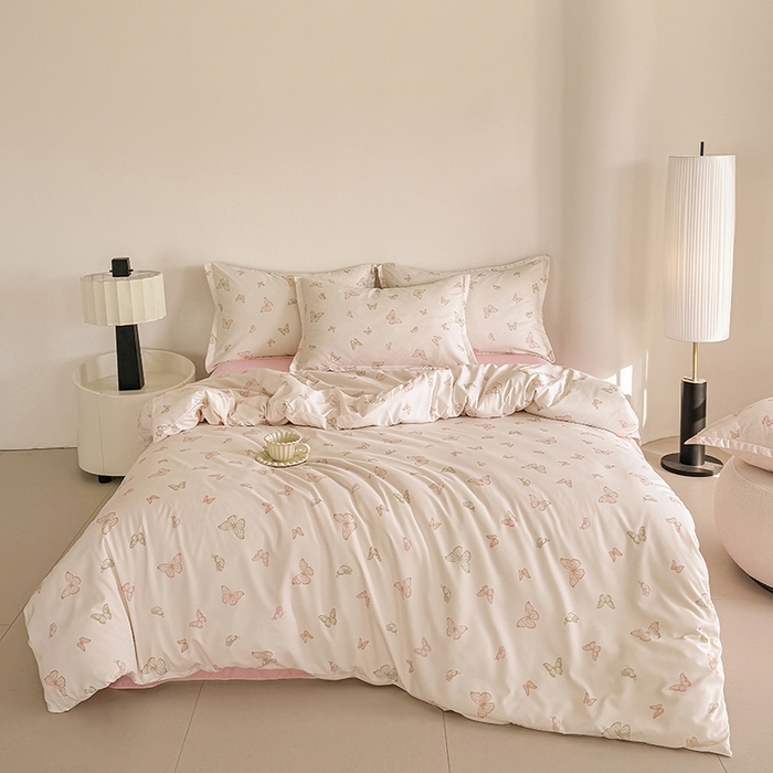 91家纺网 家纺一手货源 找家纺 壹号库 2025秋冬新款针织双层纱小清新印花四件套（专版花型） 蝶舞