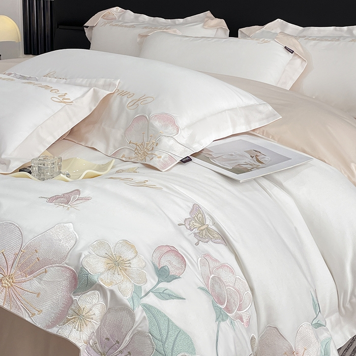 91家纺网 家纺一手货源 找家纺 2025春夏A类100支长绒棉四件套纯棉全棉轻奢风床单被套重工刺绣床上用品-花漫屿 花漫屿-白粉