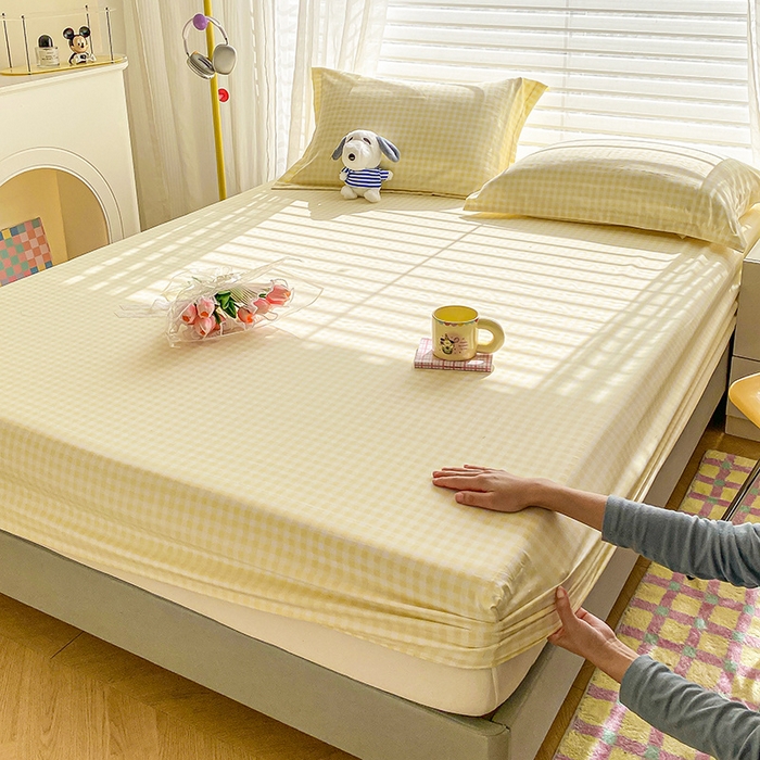 91家纺网 家纺一手货源 找家纺 恬澳家纺 2025新款森系水洗棉无印风单床笠 森系-黄格