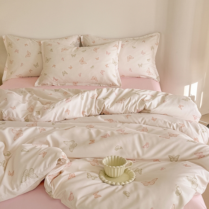 91家纺网 家纺一手货源 找家纺 壹号库 2025秋冬新款针织双层纱小清新印花四件套（专版花型） 蝶舞