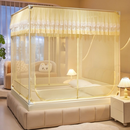 雪姿家纺 2025新款T+U刺绣花边床笠回底款三开门外穿杆坐床蚊帐 夏恋-奶油黄