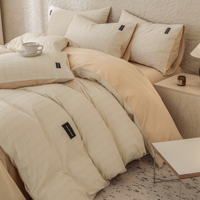 91家纺网 家纺一手货源 找家纺 呗旺鹿 2025新款静奢风-锦绣系列全棉色织提花小方格四件套 锦绣桃花暖阳