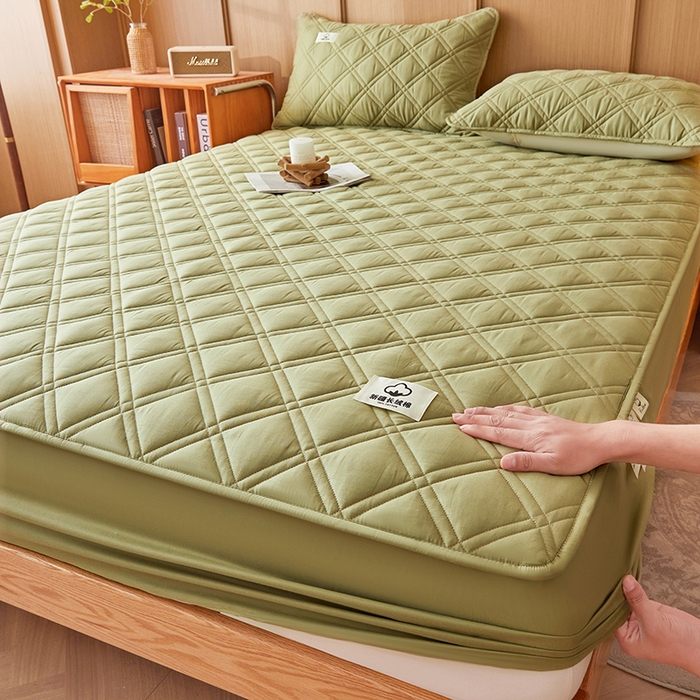 91家纺网 家纺一手货源 找家纺 笠客家纺 2025新款全棉水洗棉夹棉床笠-棉格款 棉格-浅绿