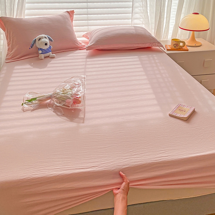 91家纺网 家纺一手货源 找家纺 恬澳家纺 2025新款森系水洗棉无印风单床笠 森系-胭脂粉