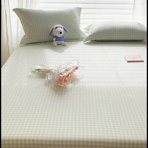 91家纺网 家纺一手货源 找家纺 恬澳家纺 2025新款森系水洗棉无印风单床笠 森系-绿格