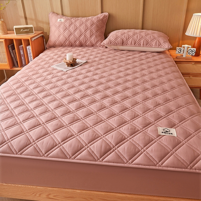 91家纺网 家纺一手货源 找家纺 笠客家纺 2025新款全棉水洗棉夹棉床笠-棉格款 棉格-豆沙